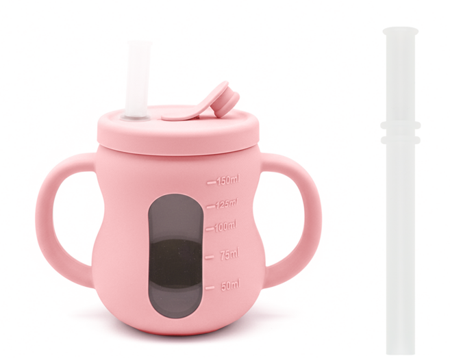 맘앤리틀 베이비 땅콩 실리콘 3in1 빨대컵, 스트로베리 밀크, 1개, 150ml
