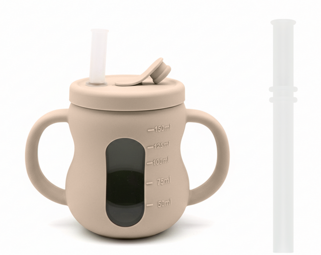맘앤리틀 베이비 땅콩 실리콘 3in1 빨대컵, 크림베이지, 1개, 150ml