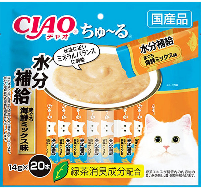 INABA CIAO 啾嚕 肉泥 水分補給 20入 綠茶消臭成分配合 條狀包裝方便餵食, 鮪魚海鮮綜合, 280g, 1袋