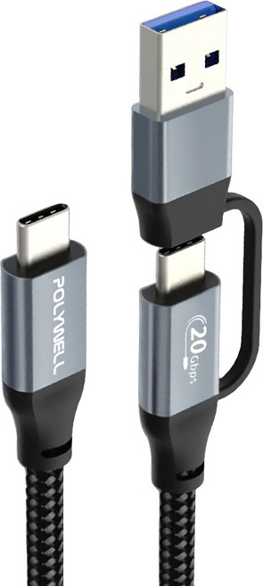 POLYWELL 寶利威爾 USB-C To C+USB 二合一PD編織快充傳輸線 Gen2 100W PW15-W45-M891, 1m, 黑色 + 銀色, 1條