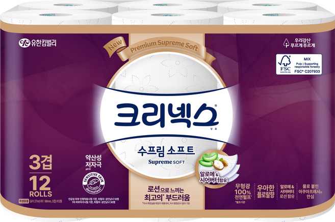 크리넥스 수프림 소프트 천연펄프 3겹 화장지, 27m, 12롤, 1개