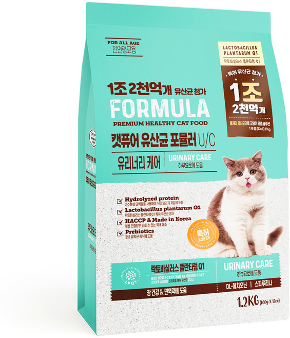 캣퓨어 고양이 유산균 포뮬러 기능성 사료, 유리너리+장건강, 1.2kg, 1개
