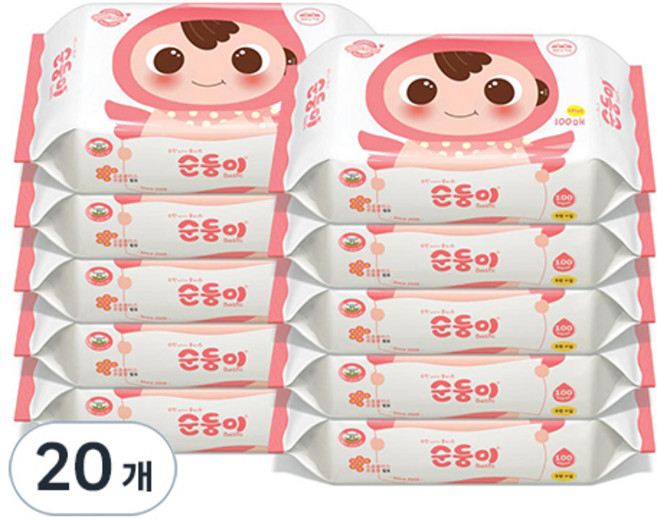 순둥이 베이직 무향 엠보싱 유아물티슈 플러스 리필형, 55g, 100매, 20개