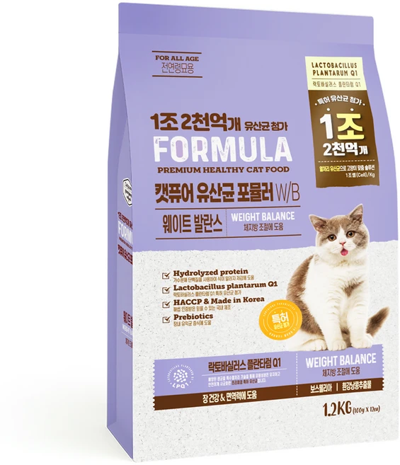 캣퓨어 고양이 유산균 포뮬러 기능성 사료, 다이어트+장건강, 1.2kg, 1개 - 쿠팡