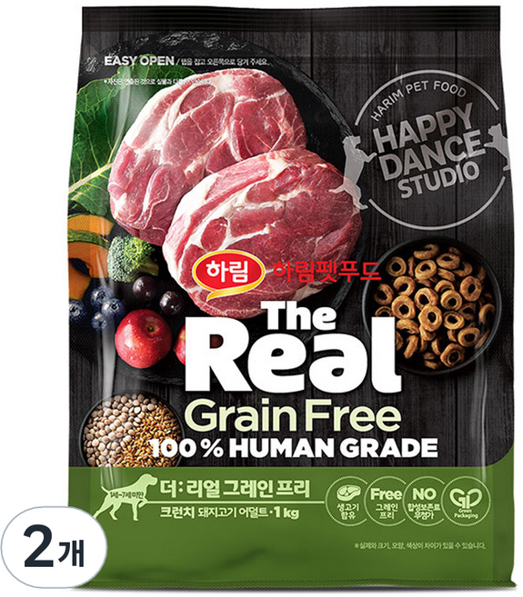 하림펫푸드 어덜트 강아지 더리얼 그레인프리 크런치 건식사료, 돼지, 1kg, 2개