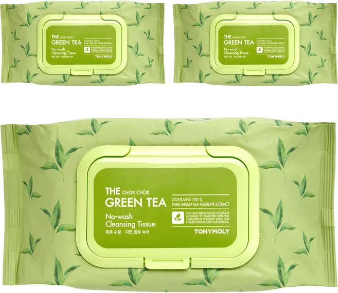 TONYMOLY The Chok Chok 綠茶免沖洗卸妝濕紙巾, 1入, 3包