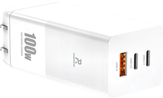 POWERRIDER 100W 氮化鎵三孔折疊快速充電器 PD100CA USB-C1 USB-C2 USB-A輸出, 白色, 1個
