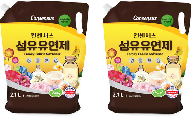컨센서스 섬유유연제 베이비로션향 표준형 리필형, 2.1L, 2개