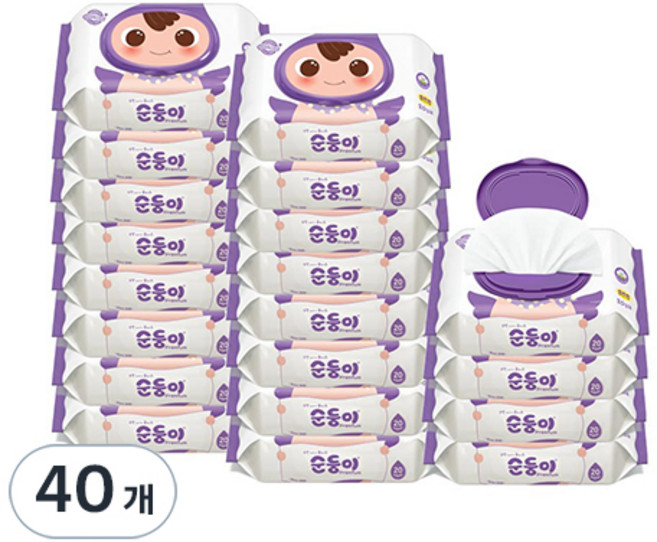 순둥이 프리미엄 엠보싱 유아 물티슈 캡형, 65g, 20매, 40개