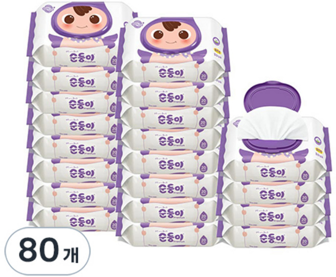 순둥이 프리미엄 엠보싱 유아 물티슈 캡형, 65g, 20매, 80개