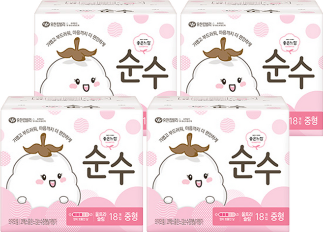 좋은느낌 순수 울트라 생리대 날개형, 중형, 18개입, 4개