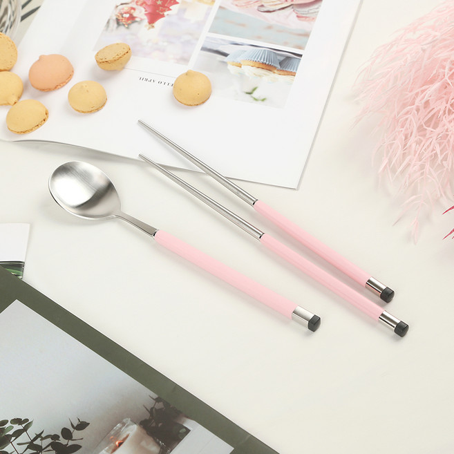보겐 국산 스퀘어 투톤 샤틴 수저 세트, 핑크, 숟가락 + 젓가락, 1세트