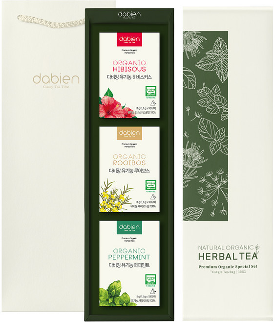다비앙 유기농 허브티 선물세트 1호, 허브티 3종 + 선물박스 + 쇼핑백, 1세트
