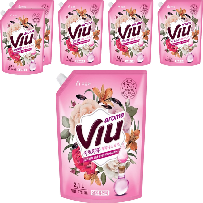 아로마뷰 섬유유연제 해피니스 로즈 리필, 2.1L, 6개