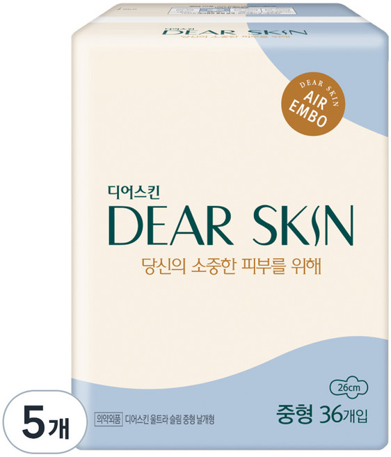 디어스킨 에어엠보 생리대 날개형, 중형, 36개입, 5개