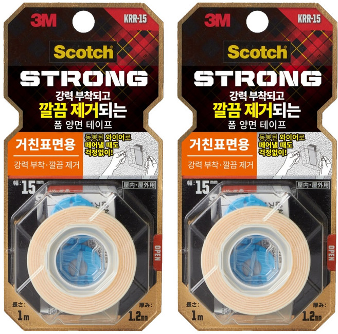 3M Scotch 粗糙表面用 Easy Peel 超強力泡棉雙面膠帶 15mm x 1m, 白色, 2個