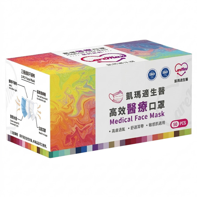CareMax 凱瑪適 醫療口罩 成人 17.5 x 9.5cm, 牛油果綠, 50片, 1盒