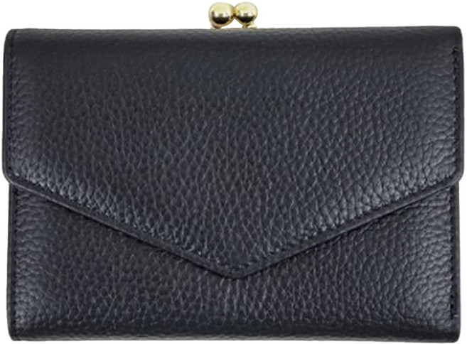 真皮頭層牛皮9卡位女士信封口金中夾錢包 超纖內裡 黑色