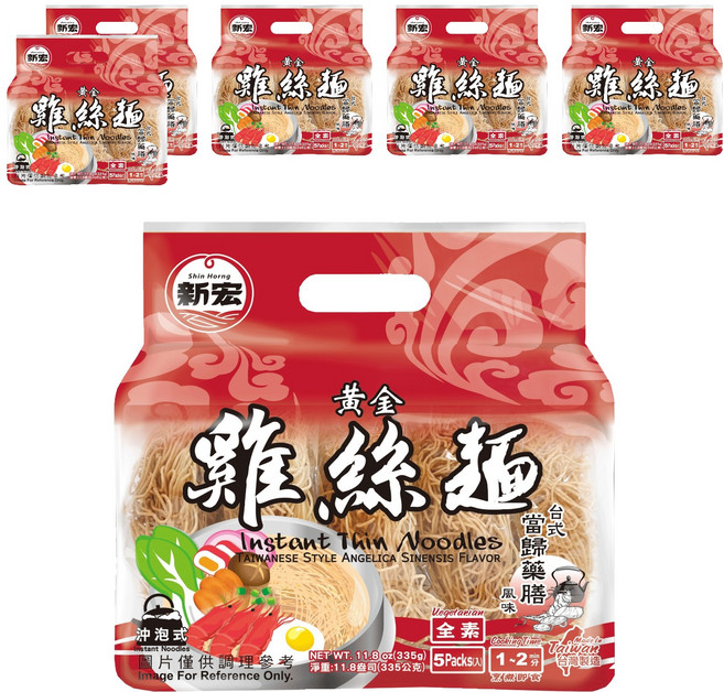 新宏 黃金雞絲麵 台式當歸藥膳風味 全素 5入, 335g, 6袋