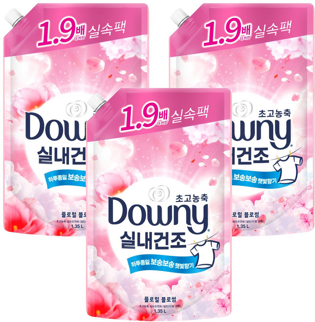 다우니 실내건조 초고농축 섬유유연제 플로럴 블로썸향 리필, 1.35L, 3개