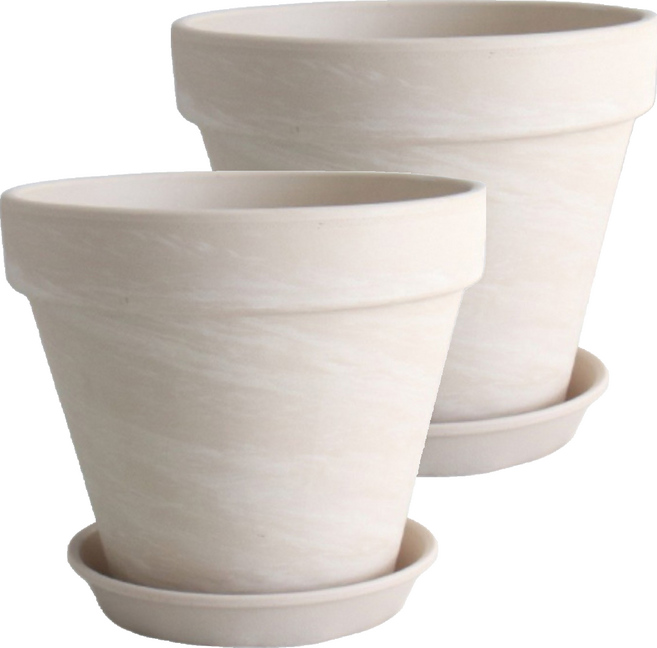 Moriann 德國陶土花盆 附盆栽底座 Set 2 15號 奶白色, 2個
