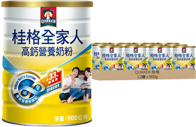 QUAKER 桂格 全家人高鈣奶粉, 900g, 12罐