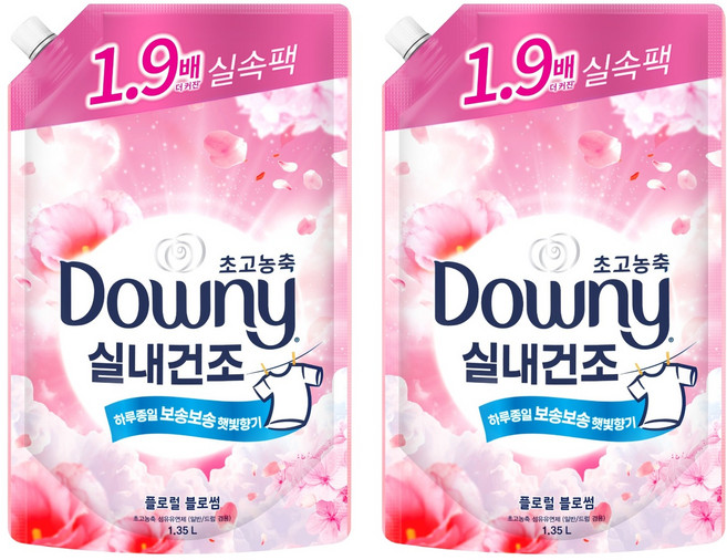 다우니 실내건조 초고농축 섬유유연제 플로럴 블로썸향 리필, 1.35L, 2개