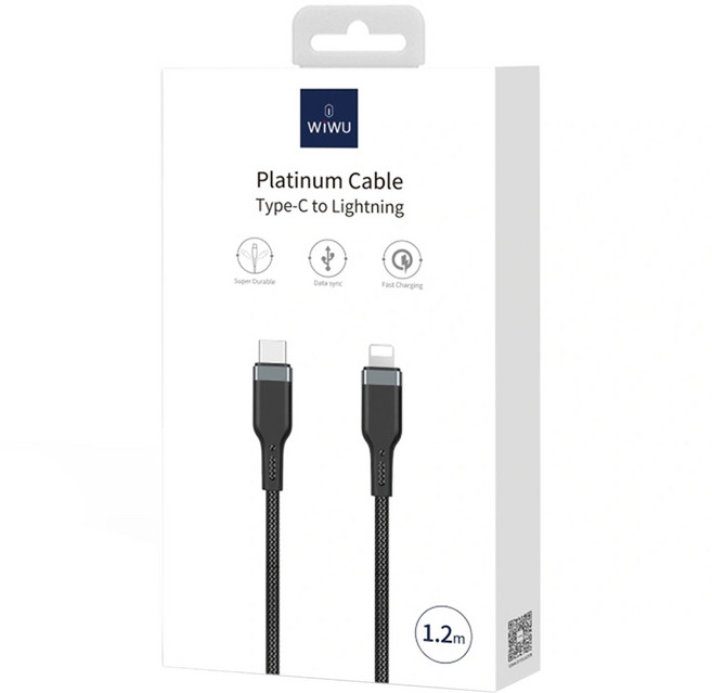 Wiwu 鉑金系列 PD USB-C to Lightning 數據線 - 20W充電, 1.2m, 黑色, 1條