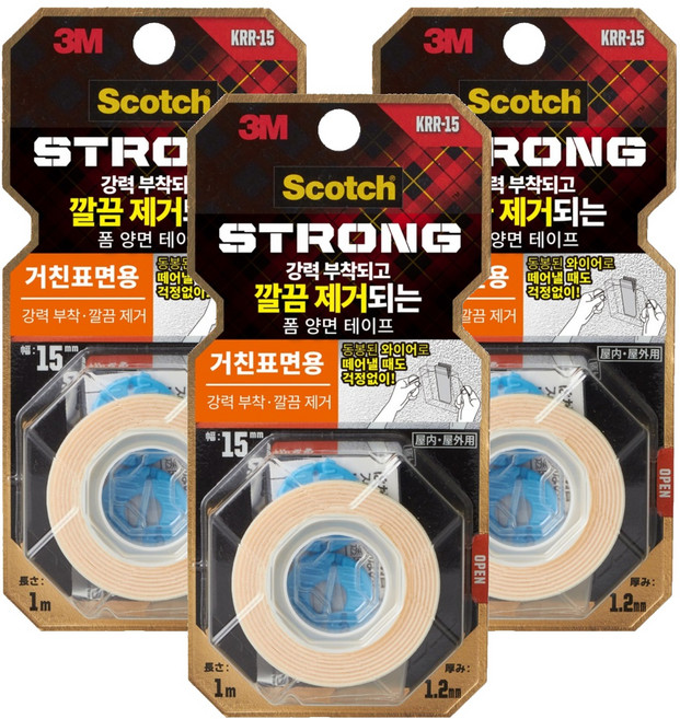 3M Scotch 粗糙表面用 Easy Peel 超強力泡棉雙面膠帶 15mm x 1m, 白色, 3個