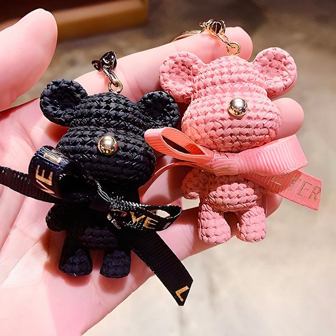 버블리데이 귀여운 니트 곰돌이 키링 2종 세트, 블랙 + 핑크, 1세트