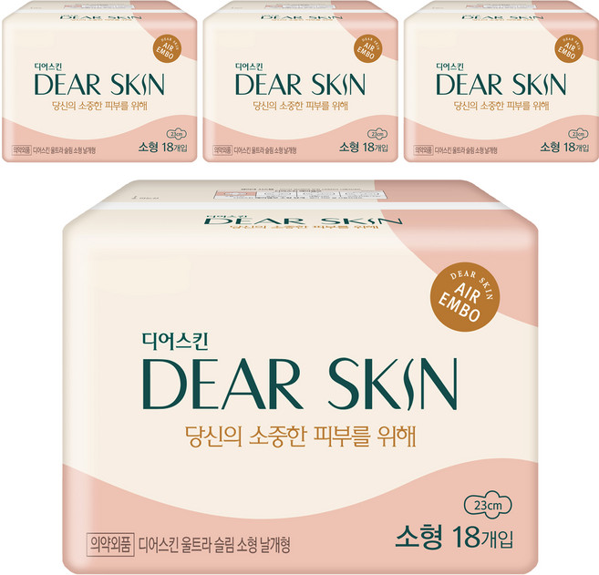디어스킨 에어엠보 울트라 슬림 생리대 날개형, 소형, 18개입, 4개