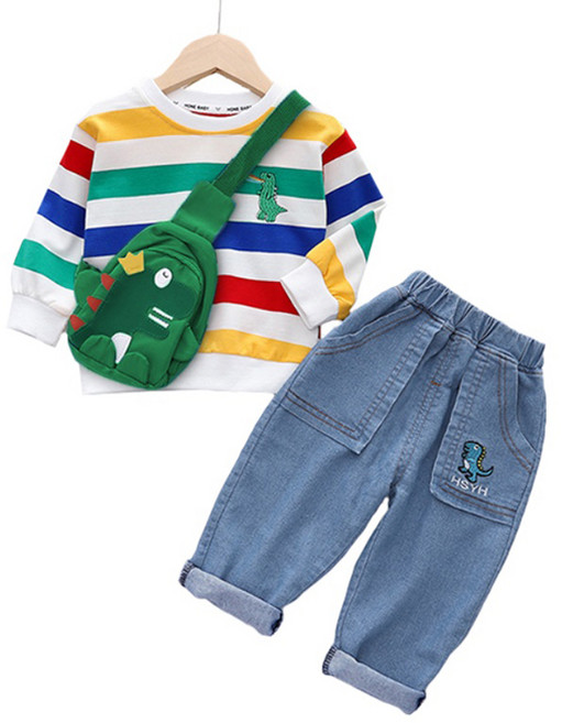 MISOPAPA 童款彩色條紋恐龍上衣+牛仔褲+包包套裝