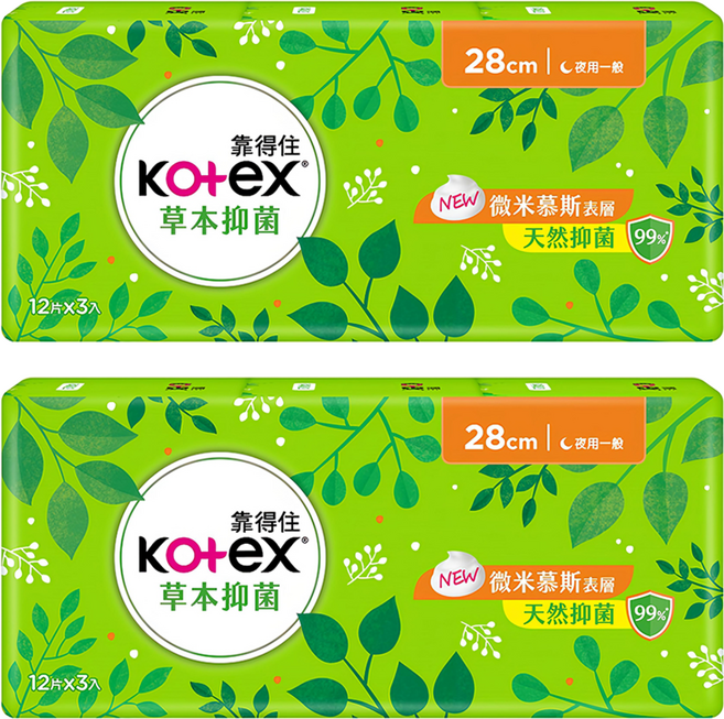 Kotex 靠得住 草本抑菌衛生棉, 28cm, 36片, 2組