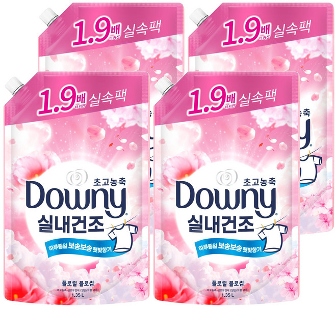 다우니 실내건조 초고농축 섬유유연제 플로럴 블로썸향 리필, 1.35L, 4개