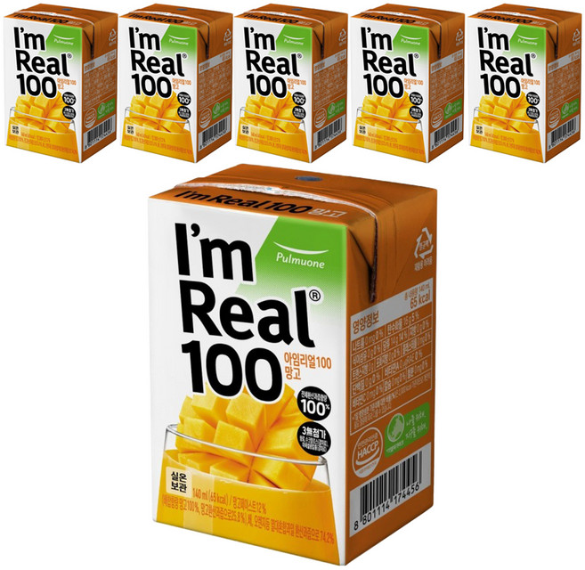 아임리얼 100 망고 주스, 6개, 140ml