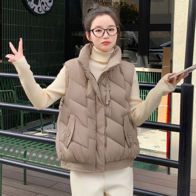 피어니스트 여성용 하이 단추 포켓 패딩 조끼