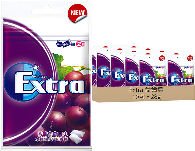 Extra 益齒達 木醣醇 無糖口香糖 香甜葡萄口味, 28g, 10包