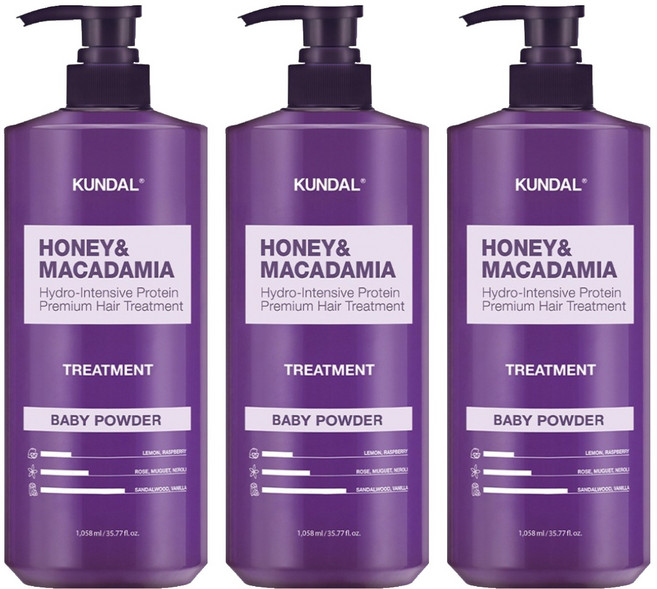 쿤달 허니 앤 마카다미아 헤어트리트먼트 베이비파우더향, 1.058L, 3개