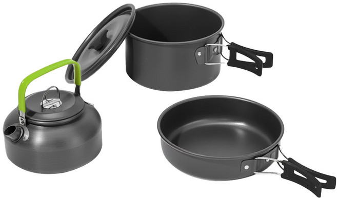 茶壺套鍋組 308 煮鍋16.6 x 9cm + 煎鍋16.7 x 4cm + 茶壺800ml + 網袋 2~3人 750g, 1組, 黑色