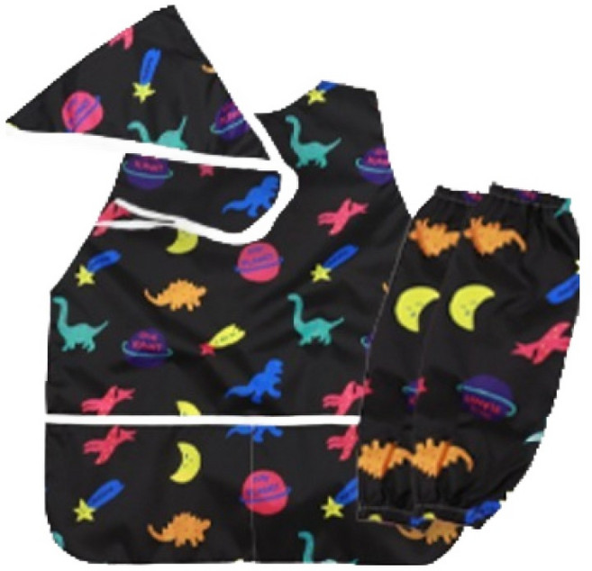 베베슈에뜨 아동용 패턴 일체형 민소매 미술가운 + 두건 + 토시 세트, 네온다이노