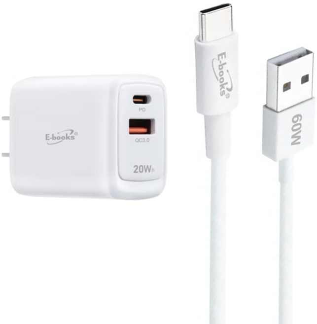 E-books B77 20W Charger 60W Cable Dual Port USB to Type C 充電器傳輸線組 充電器 PD+QC 3.0 Fast Charging 1m 3A 白色
