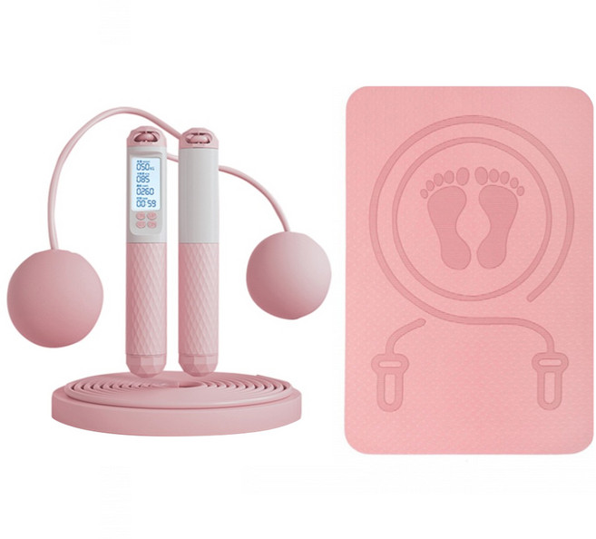 ANTIAN 負重磁控電子計數兩用跳繩 + 12mm方形跳繩墊 2件組 無繩跳繩 減震防滑隔音地墊, 1套, 珊瑚粉