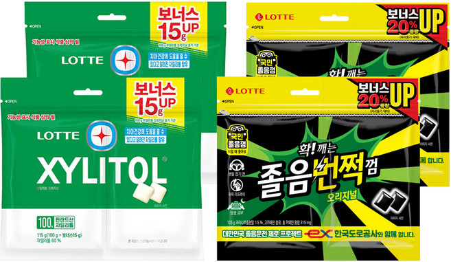 롯데자일리톨 오리지날 껌 리필 115g 2p + 졸음번쩍껌 트윈 리필 105g 2p, 1세트