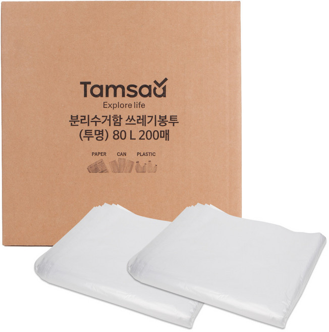 탐사 분리수거 쓰레기봉투 평판 투명, 80L, 200개