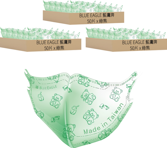 blue eagle 藍鷹牌 n95立體型兒童醫用口罩 6~10歲適用, 綠熊, 50片, 3盒