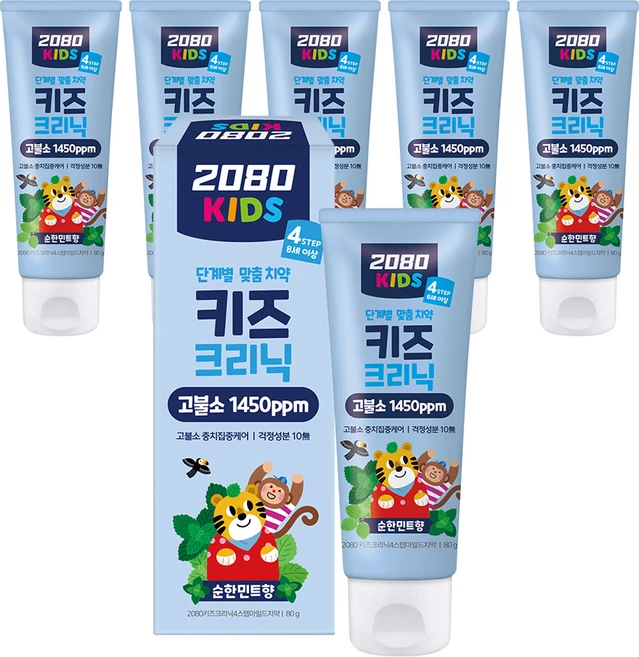 2080 키즈크리닉 4스텝 불소함유 치약, 80g, 6개 - 쿠팡