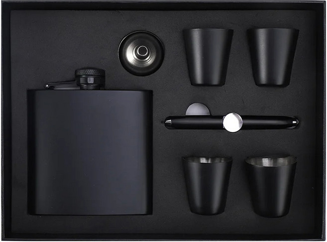 酒壺禮盒組 6oz七件組 不鏽鋼皮革, 酒壺 + 酒杯 + 漏斗 + 多功能筆, 1組