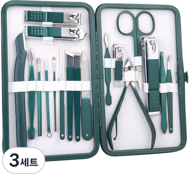 휴대용 네일케어 손톱깍이 18종 세트, 3세트, 에머랄드그린