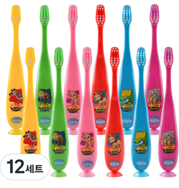 비브라이트 어린이용 캐릭터 뽁뽁이 칫솔 6종, 악어, 얼룩말, 원숭이, 하마, 사자, 코끼리, 12세트, 6개입