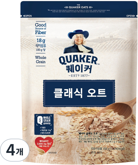 퀘이커 클래식 오트 시리얼, 350g, 4개